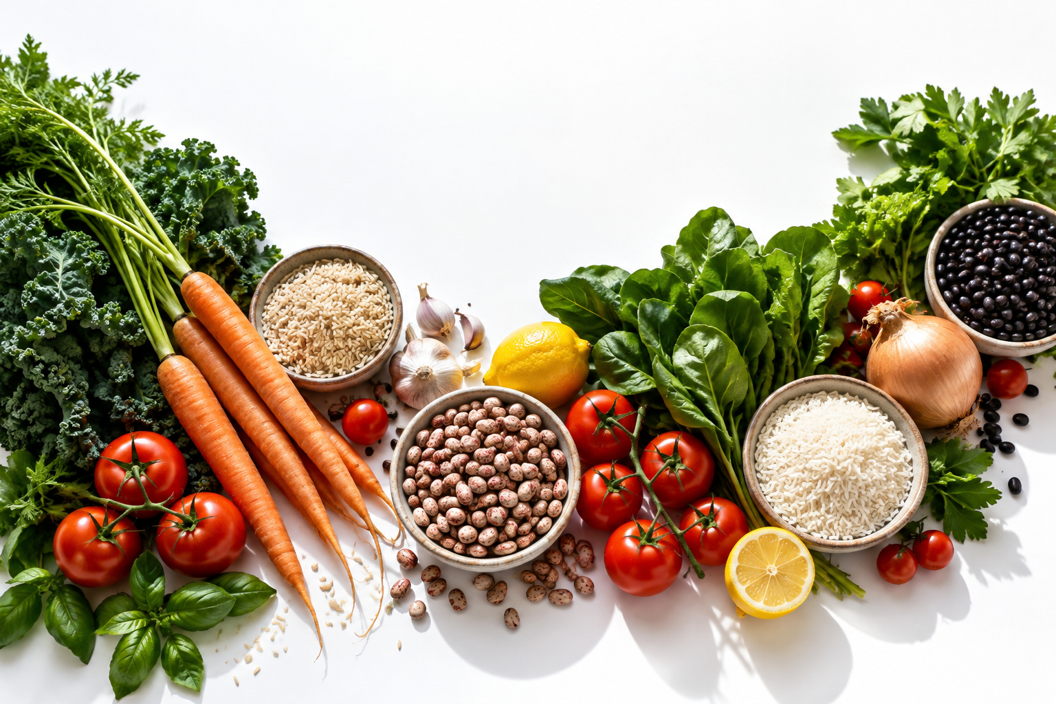 Fresh vegetables, beans and grains ready to become a meal